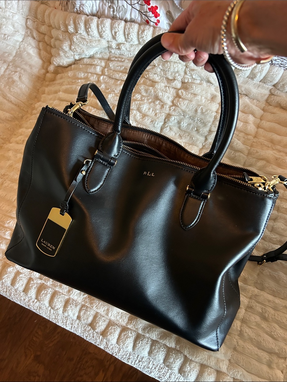 Lauren Ralph Lauren Black Leather Satchel with Gold Hardware